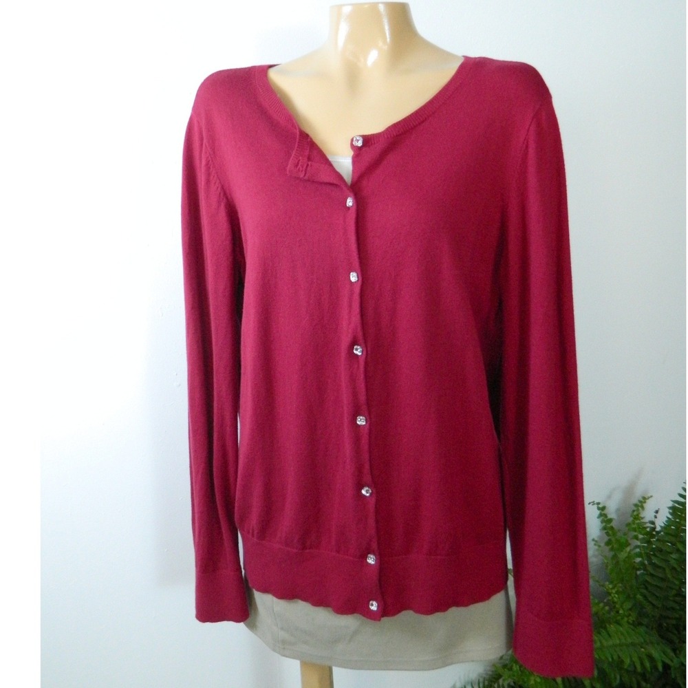 Ann Taylor Loft Cardigan Womens XL Red Rhinestone Button Cotton Knit Sweater